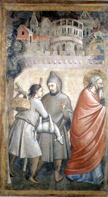 The Meeting at the Golden Gate, detail depicting two men conversing and the figure of Joachim od Maso di Banco Giottino