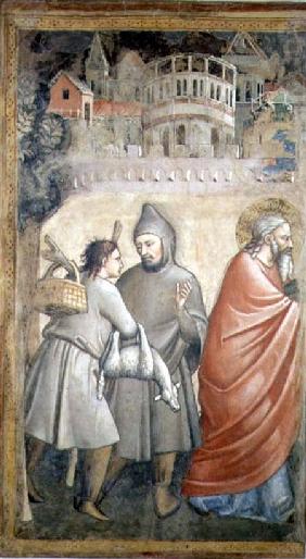 The Meeting at the Golden Gate, detail depicting two men conversing and the figure of Joachim