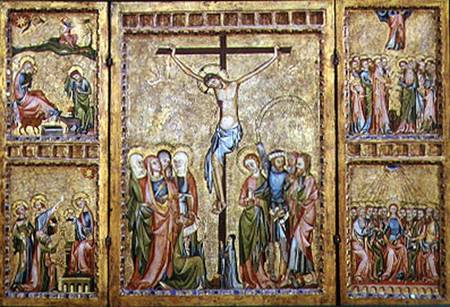 Altarpiece with the Crucifixion in the centre panel and scenes from the Life of Christ on the side p od Master of Cologne