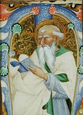 Historiated initial 'M' depicting a bearded saint with a book (vellum)