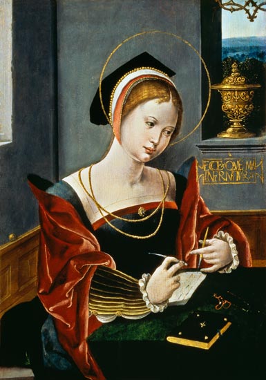 Portrait of a lady writing od Master of the Female Half Lengths