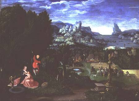 The Rest on the Flight into Egypt, landscape painted by Joachim Patinir od Master of the Female Half Lengths