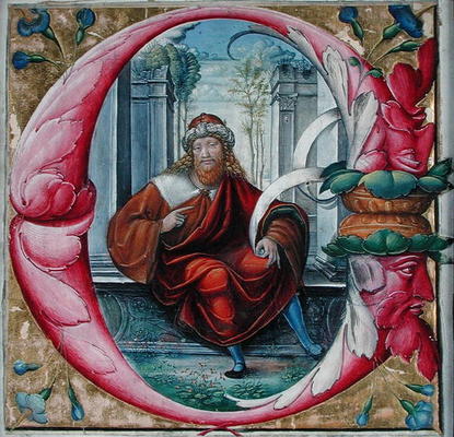 Historiated initial 'C' or 'O' depicting King David (vellum) od Master of the Monogram B.F