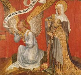 Panel from a diptych depicting the Angel of the Annunciation, the Donor and a Female Saint, possibly