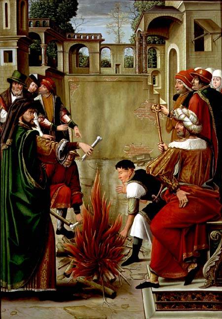 Emperor Julian the Apostate burning the bones of St. John the Baptist (panel) od Master of the St. Johns Retable