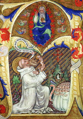 Historiated initial 'A' depicting St. Benedict offering his soul to God the Father, Lombardy School od Master of the Vitae Imperatorum