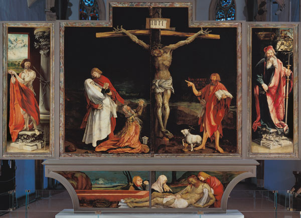 Isenheimer altar first show side, total: The hll. Antonius and Sebastian, crucifixion Christi, buria od Mathias (Mathis Gothart) Grünewald