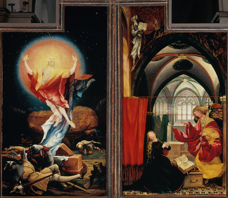 Isenheimer altar second show side, right and left panel: Resurrection of Christi, proclamation of Ma od Mathias (Mathis Gothart) Grünewald