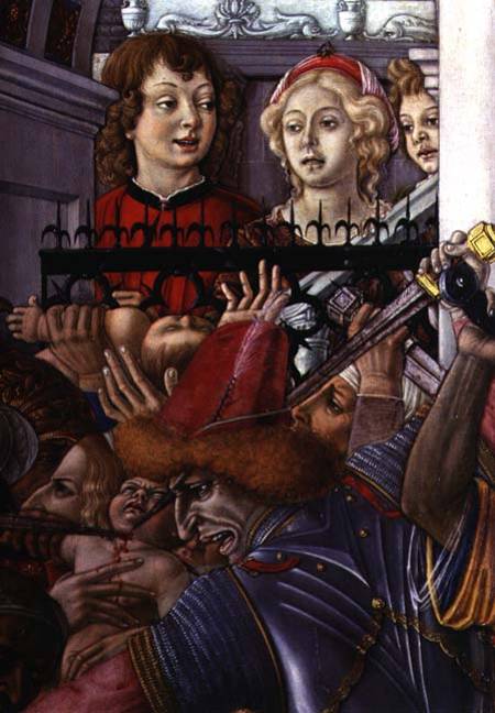 The Massacre of the Innocents, detail of two onlookers observing the carnage from the palace od Matteo  di Giovanni di Bartolo