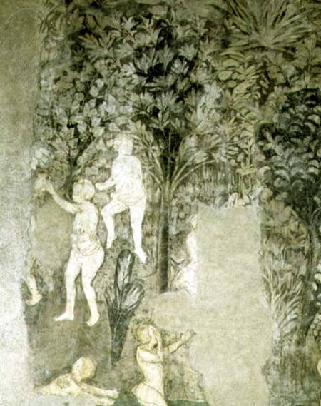 Detail of men bathing from the decorative scheme in the Hall of the Popes od Matteo Giovanetti
