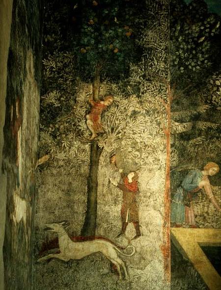 Hunting dogs and men climbing a tree detail of the decorative scheme from La Chambre du Cerf ( 1347 od Matteo Giovanetti