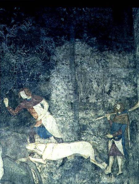 Men hunting with dogs detail of decorative scheme from La Chambre du Cerf ( 1347 od Matteo Giovanetti