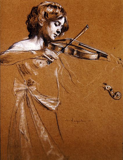 Young Girl Playing a Violin with Bared Breasts od Maurice Langaskens