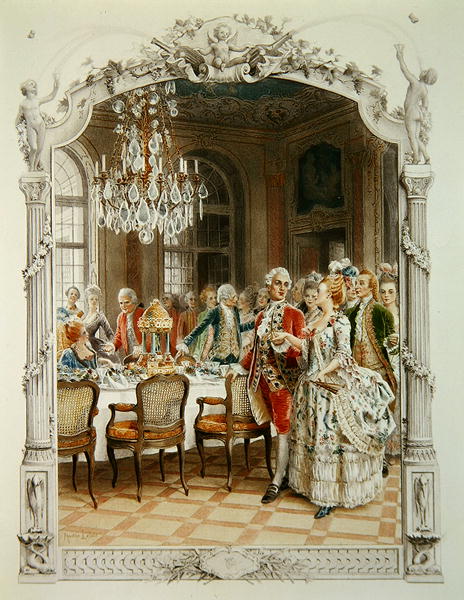 Elegant meal during the Eighteenth century, illustration from ''Une femme de qualite au siecle passe od Maurice Leloir