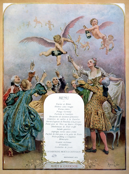Ritz Restaurant menu, depicting a group of elegant 18th century men and women drinking champagne ser od Maurice Leloir
