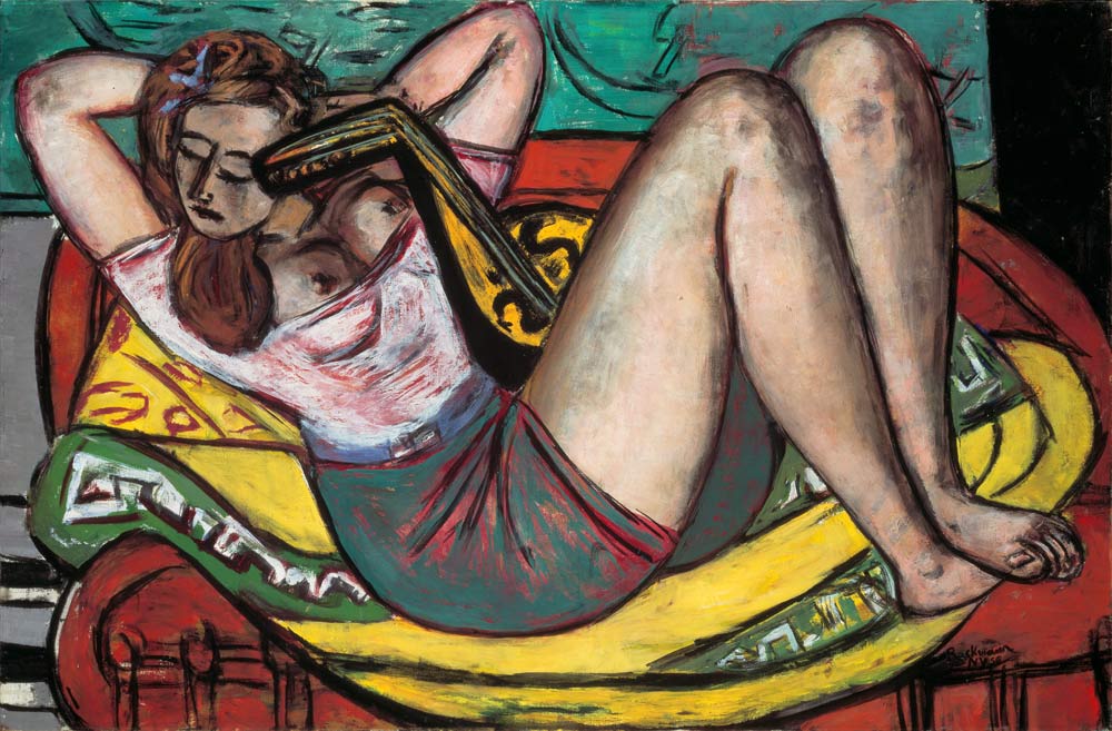 Woman with mandolin in yellow and red. 1950 od Max Beckmann