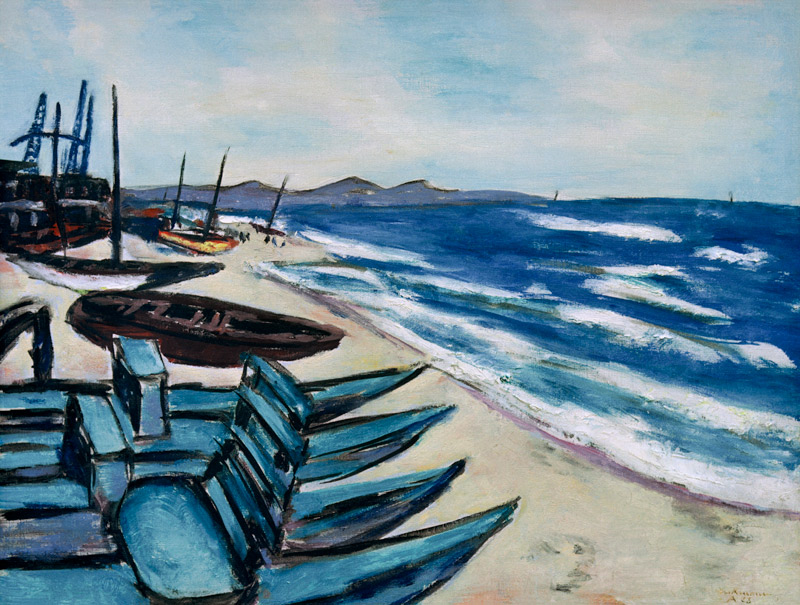 "Pláž s loděmi na Riviéře" od Max Beckmann