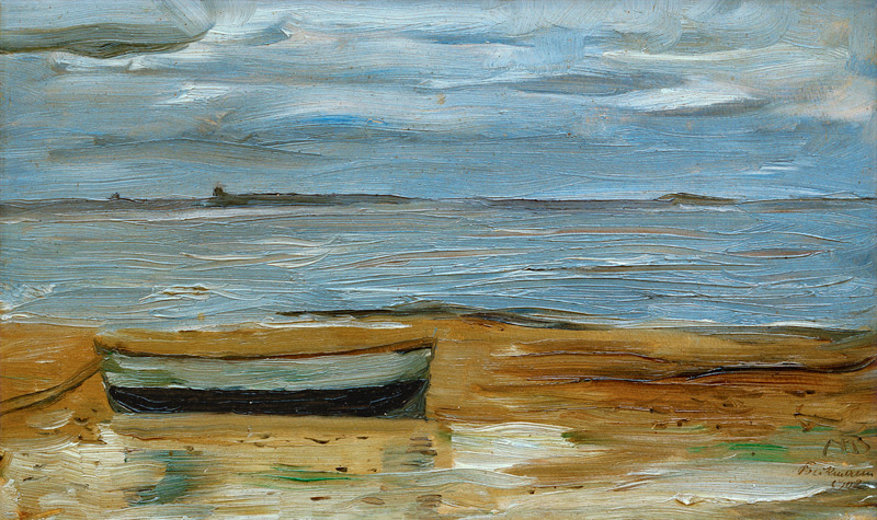 Strand mit grauem Kahn und grauem Meer od Max Beckmann