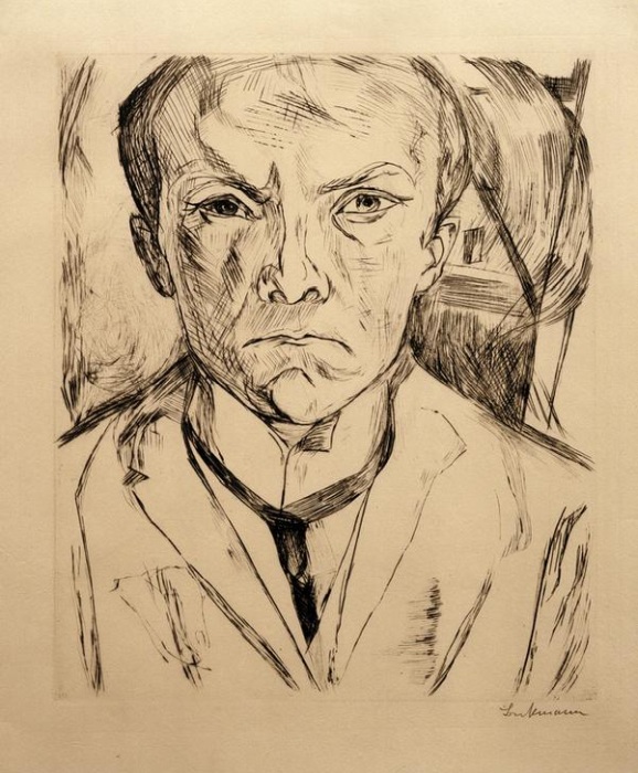 Self-portrait from the front, in the background Hausgiebel od Max Beckmann