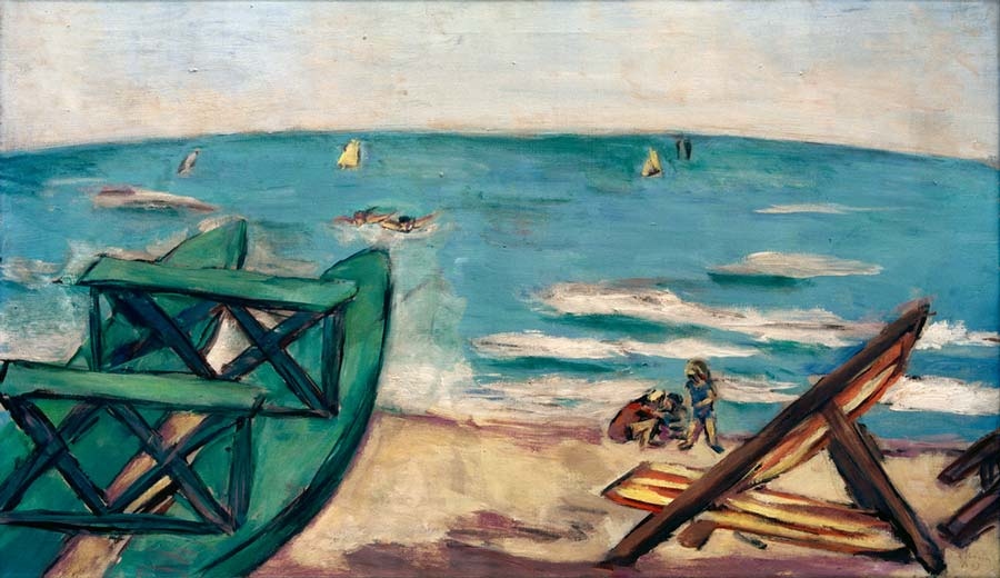 Strand mit Boot und Liegestuhl od Max Beckmann