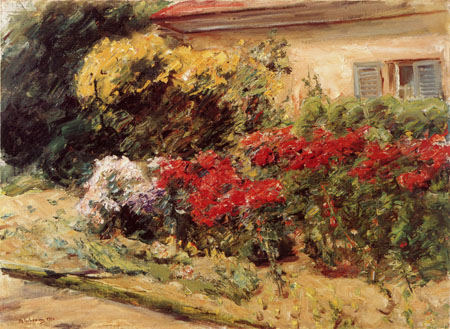 shrubs of flowers in front of the cottage of the gardener od Max Liebermann