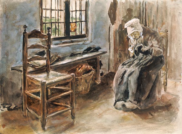 Old Dutchwoman at the window watercolor painting doing needlework od Max Liebermann