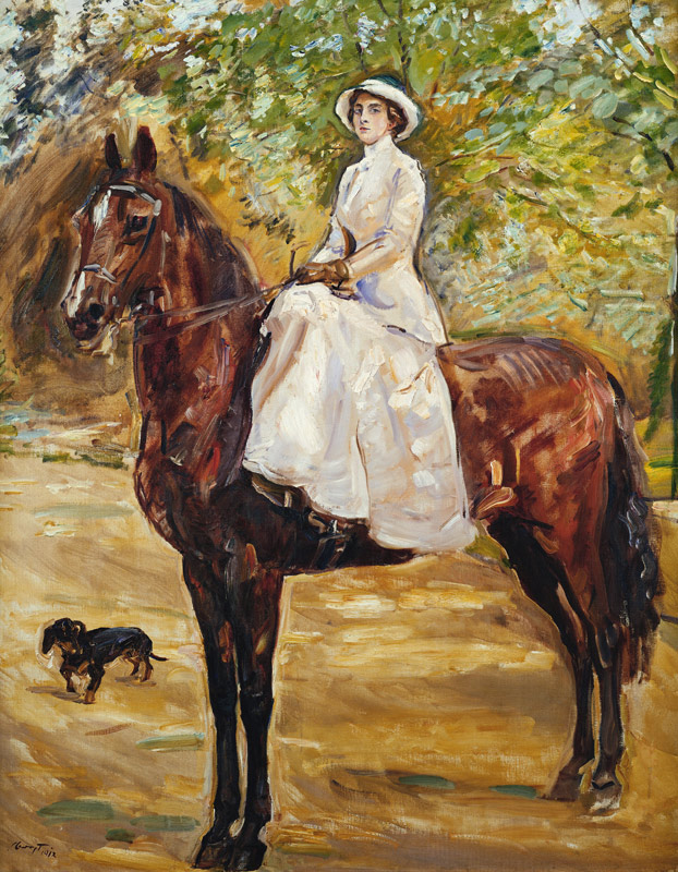 Dame im weißen Reitkleid zu Pferde od Max Slevogt