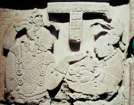 Stela depicting a woman presenting a jaguar mask to a priest, from Yaxchilan od Mayan