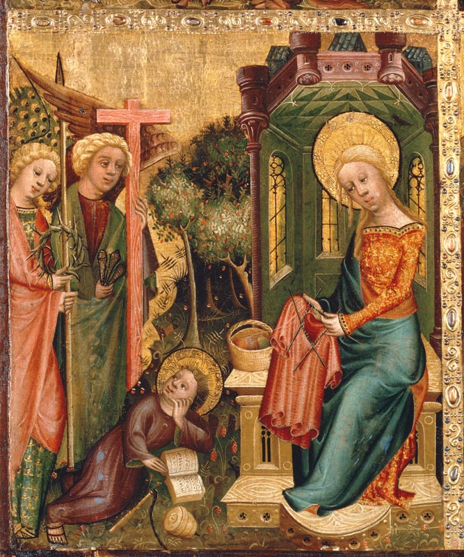 Buxtehuder Marienaltar visit of the angels with Maria who knits the skirt Christi od Meister Bertram