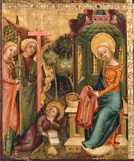 Buxtehuder Marienaltar visit of the angels with Maria who knits the skirt Christi