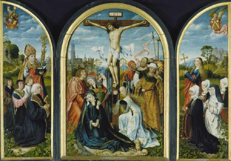 Triptych out of a Frankfurt church: Crucifixion (middle) and founder od Meister von Frankfurt