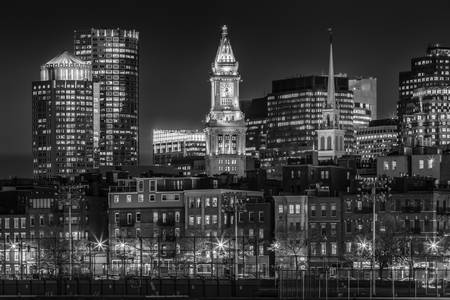 BOSTON Večerní panorama North End & Financial District | Monochrome