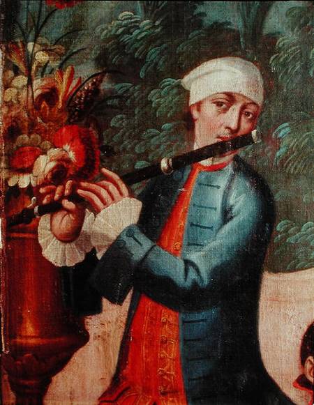 A Flautist, detail from a screen od Mexican School