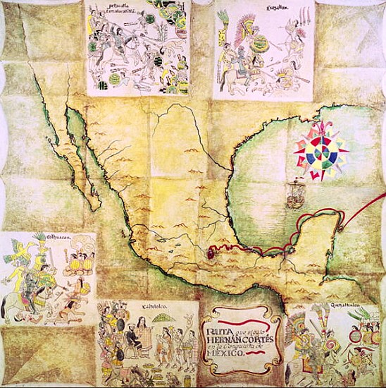 Map of the route followed Hernando Cortes (1485-1547) during the conquest of Mexico od Mexican School