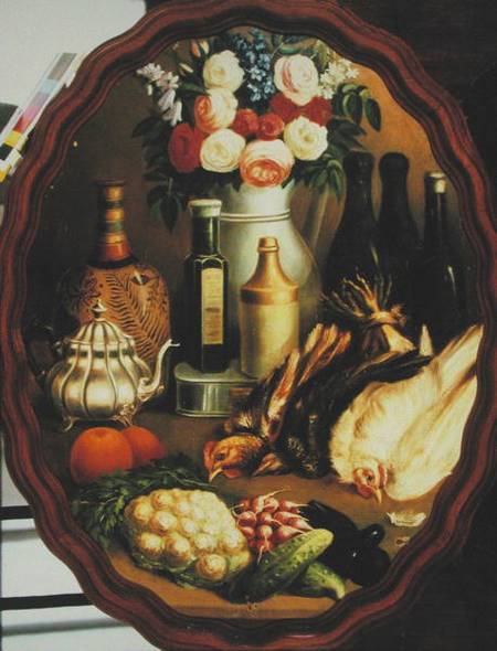 Oval Still Life with Hen, Vegetables and Vase od Mexican School