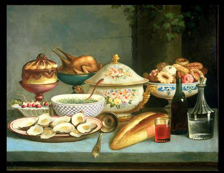 Still life with Soup and Oysters od Mexican School