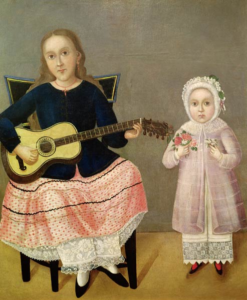Young Girl with a Guitar and Child with a Bouquet od Mexican School