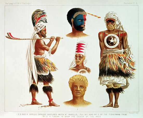 Various Dancing Costumes Worn at Nakello, Fiji, illustration from ''The Voyage of H.M.S. Challenger' od Michael Hanhart