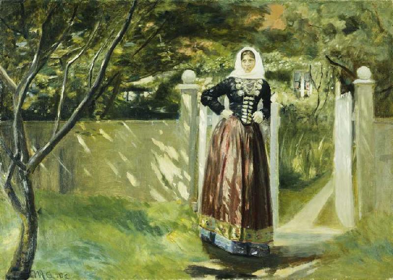 Woman in Danish dress at the garden gate od Michael Peter Ancher