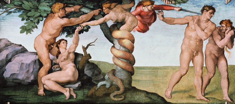 The temptation by the snake and the expulsion from the paradise (part Sistine Kapel od Michelangelo (Buonarroti)