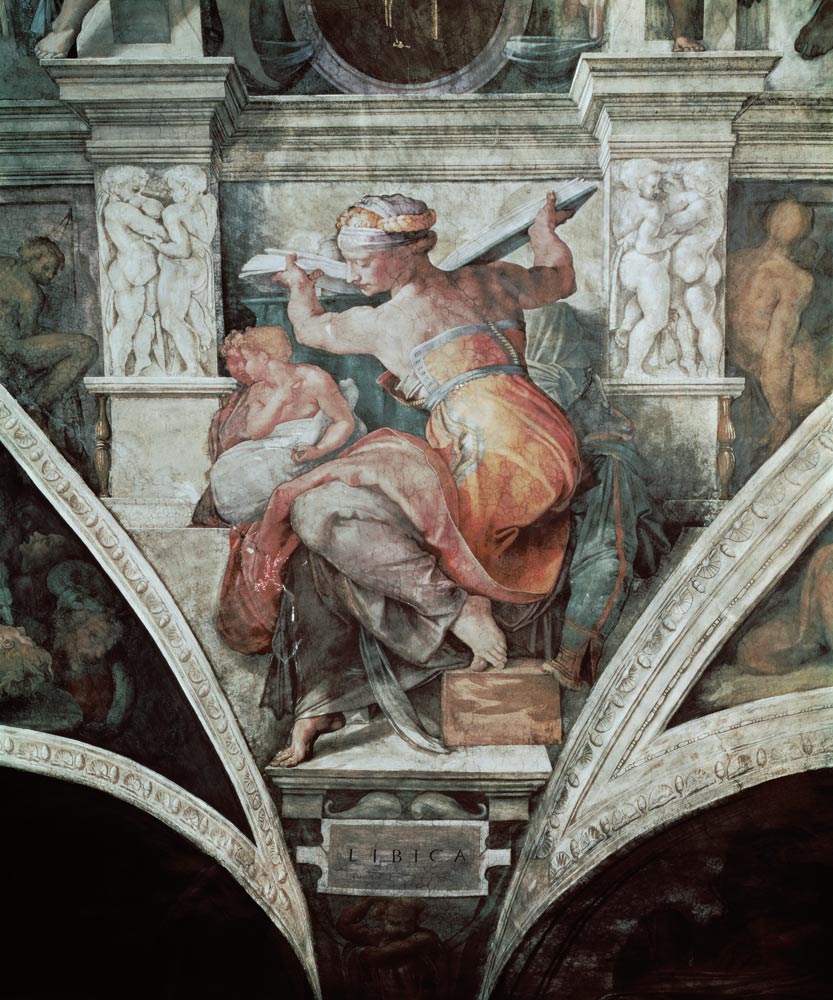 Libysche Sibylle (Ausschnitt Sixtinische Kapelle) - nicht restaurierte Version od Michelangelo (Buonarroti)