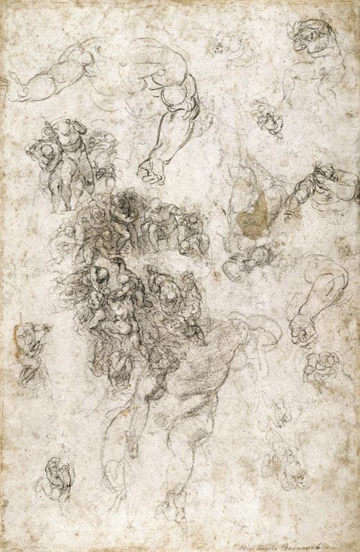 Study of figures for ''The Last Judgement'' with artist''s signature, 1536-41 od Michelangelo (Buonarroti)