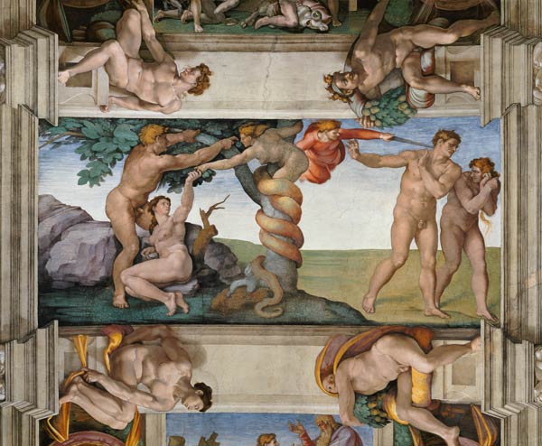 Fall of Man and expulsion from the paradise. Ceiling fresco in the Sistine chapel in Rome od Michelangelo (Buonarroti)