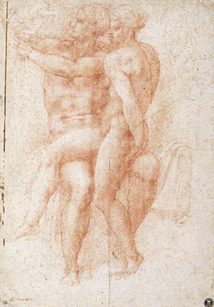 Nude female seated on the knees of a seated male nude: Adam and Eve od Michelangelo (Buonarroti)