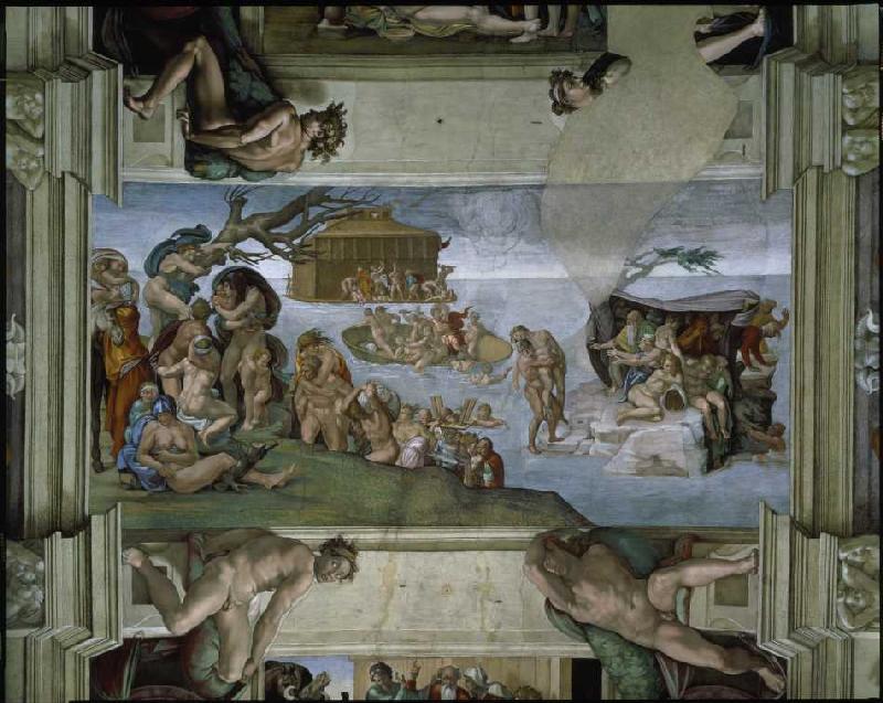 Ceiling fresco in the Sistine chapel Rome: The Flood. od Michelangelo (Buonarroti)