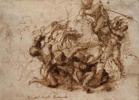 Fight study for the 'Cascina Battle', 1504 (pen & ink on paper) od Michelangelo (Buonarroti)