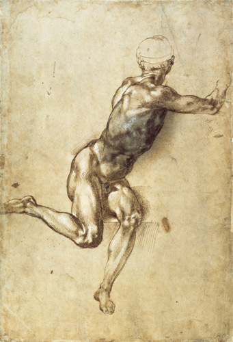 Figure Study for Battle of Cascina, 1504 (pen, brush, brown and grey od Michelangelo (Buonarroti)