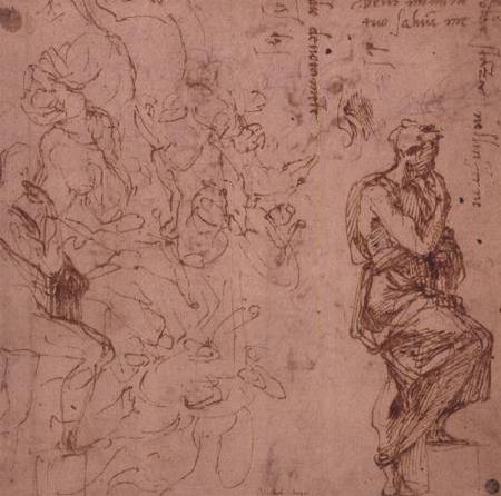 Figure Studies for a Woman (brown ink) od Michelangelo (Buonarroti)