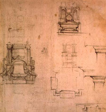 Inv. 1859 6-25-545. R. (W. 25) Designs for tombs (red chalk) od Michelangelo (Buonarroti)