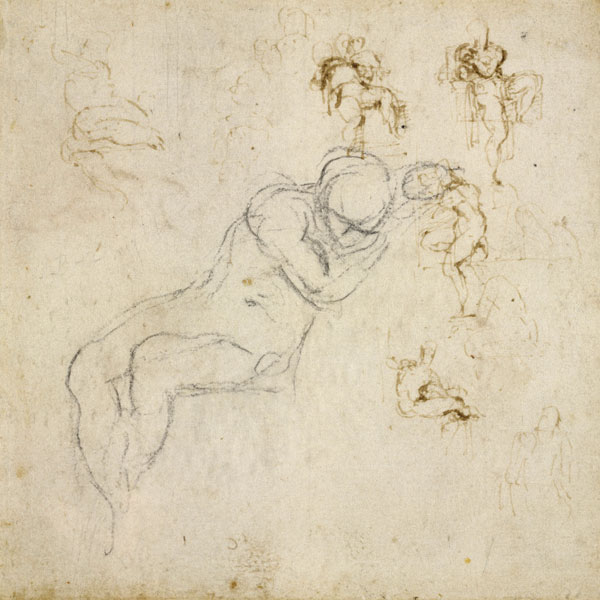 Figure Study, c.1511 (black chalk, pen & ink on paper) od Michelangelo (Buonarroti)
